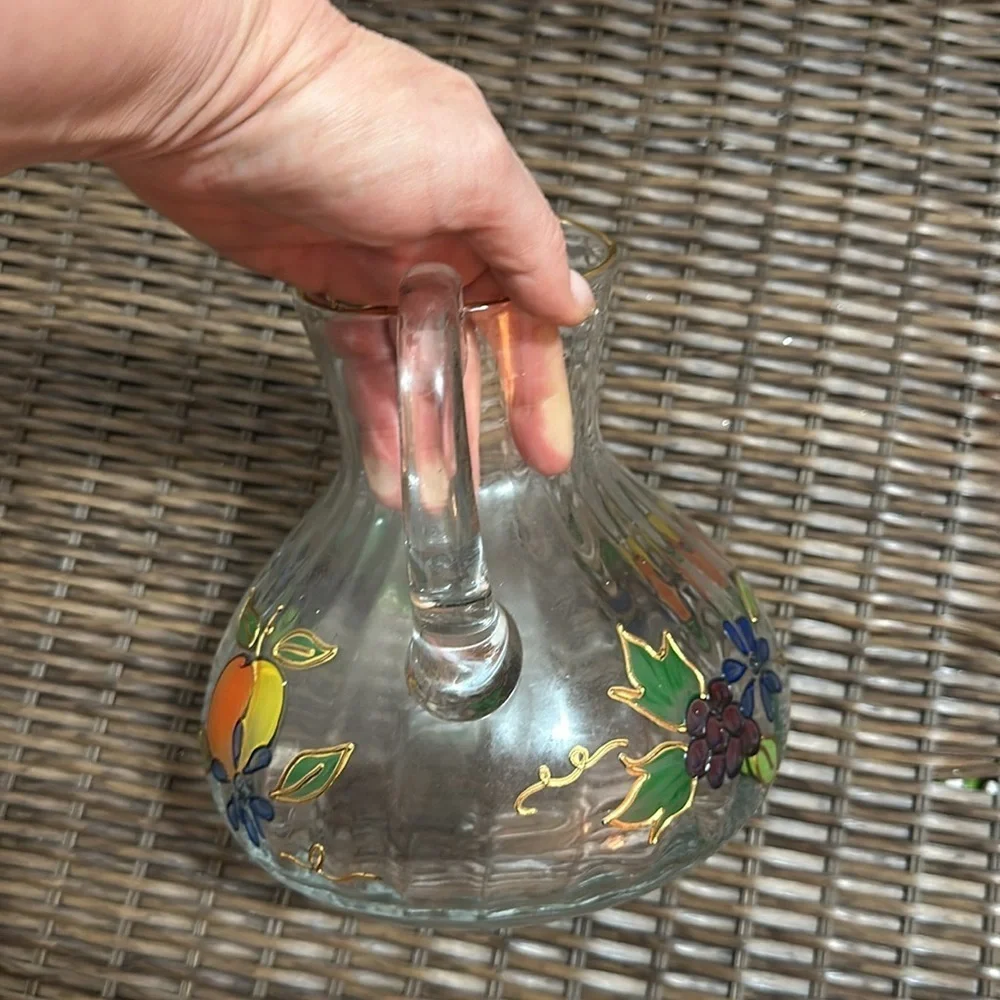 ‘Crystal Clear’ Pitcher - Hand Painted Fruit And Flowers, 22k Gold Painted Rim - Picture 4 of 5